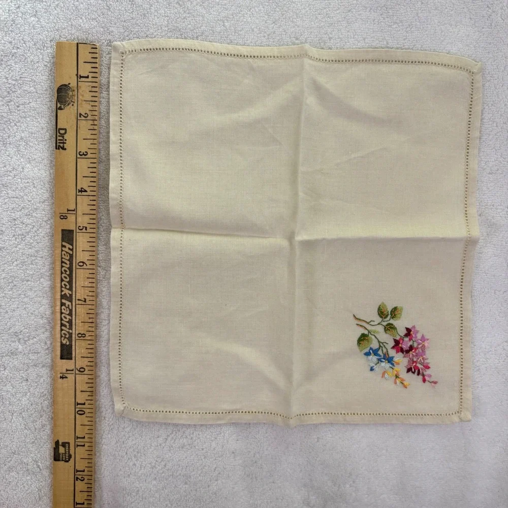 Handmade Embroidered Linen Handkerchief Floral Wisteria Blue‎ Pink Purple Accent